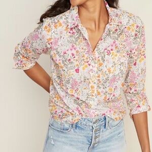 Floral Button-Down Shirt in White with Pink & Yellow Accents